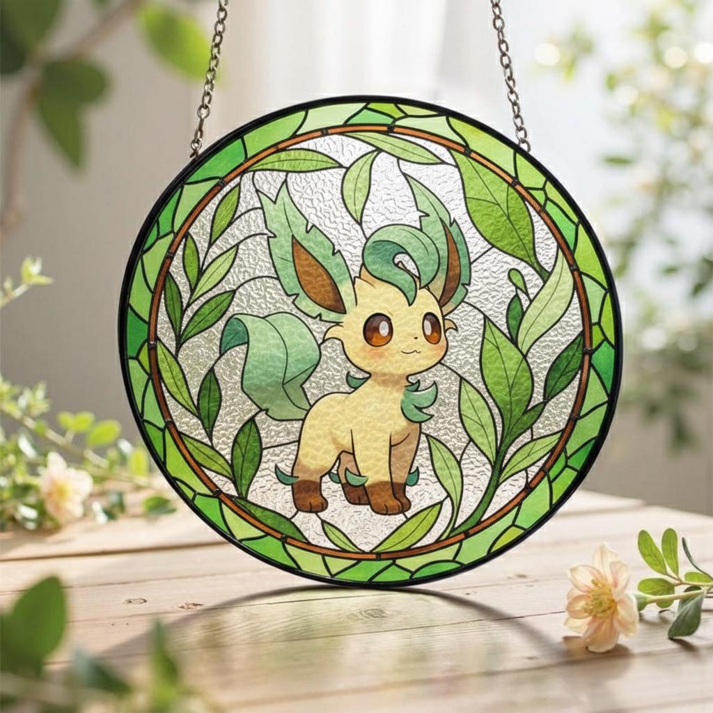Leafeon Stained Glass Suncatcher, Grass Eeveelution Window Hanging, Cute Pokemon Plant Room Decor, Anime Fan Gift