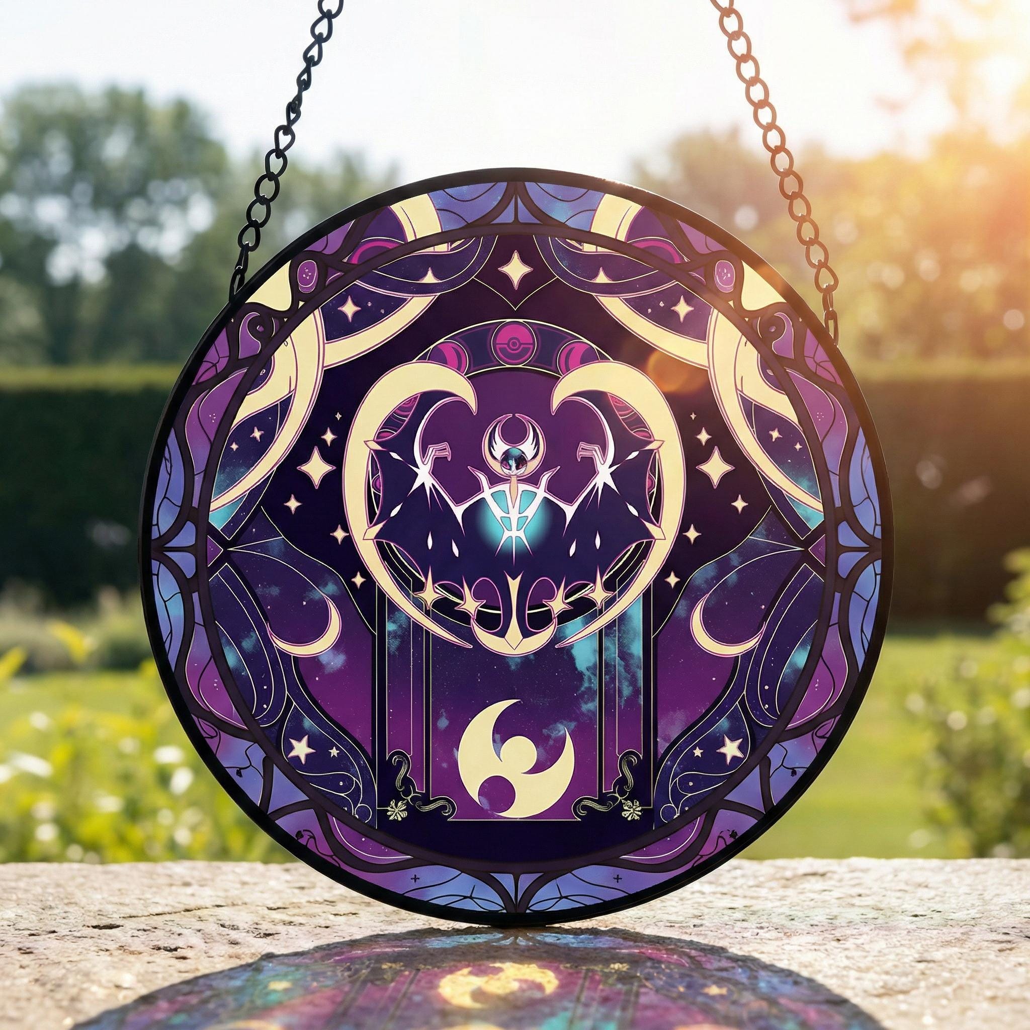 Lunala Inspired Stained Glass Suncatcher, Moon Guardian Window Hanging, Cosmic Night Fantasy Glass Art, Celestial Anime Decor Gift