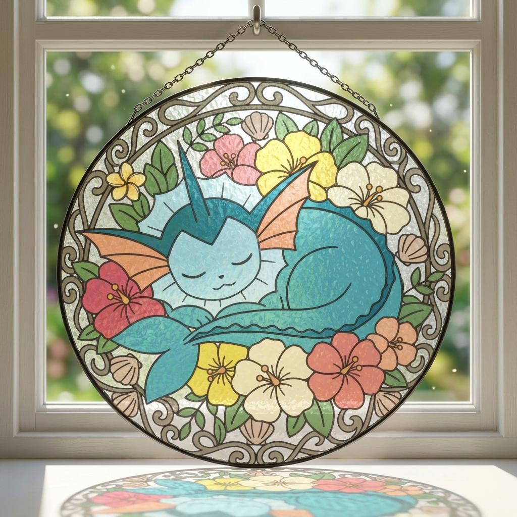 Vaporeon Floral Stained Glass Suncatcher, Pokemon Window Hanging Decor, Anime Glass Art Ornament, Cute Pokemon Gift for Gamers