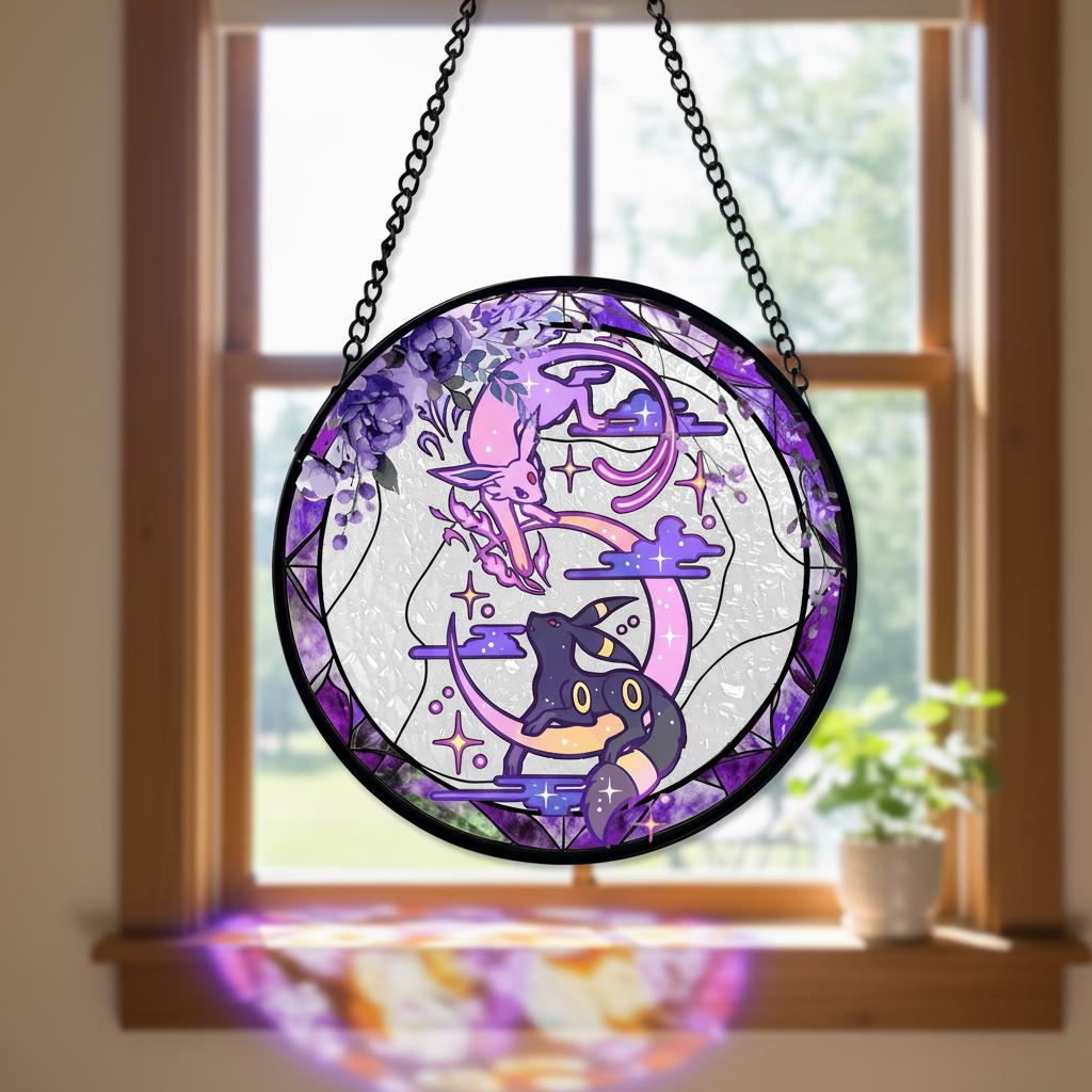 Handcrafted Pokemon Glass Suncatcher, Moon & Star-Inspired Pokemon Window Art, Perfect Gift for Fans, Celestial Pokemon Decor