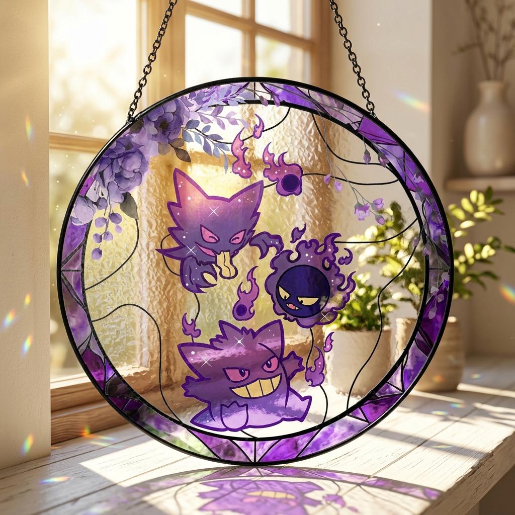 Gengar Haunter Gastly Suncatcher, Ghost Pokemon Window Hanging, Anime Stained Glass Decor, Purple Gothic Room Decor