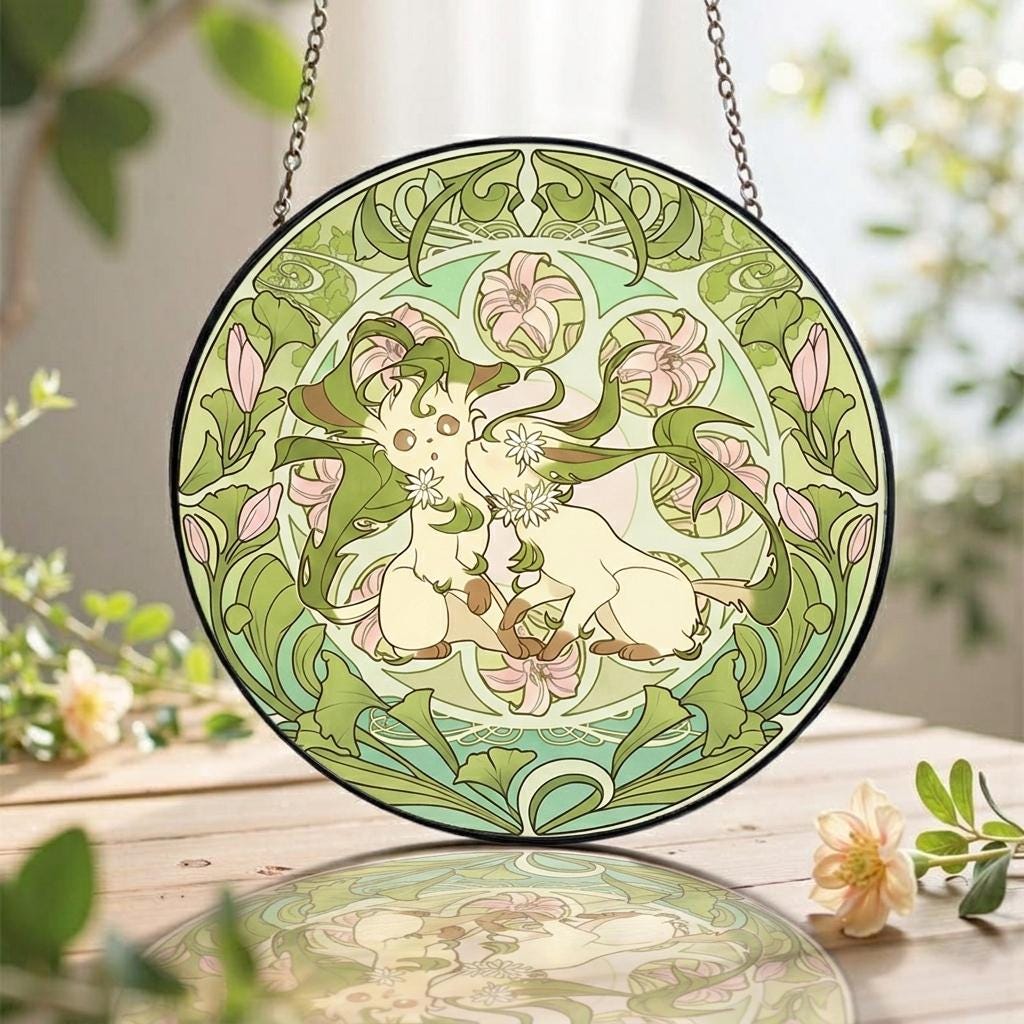 Leafeon Floral Stained Glass Suncatcher, Grass Eeveelution Art Nouveau Window Hanging, Pokemon Plant Lover Decor Gift