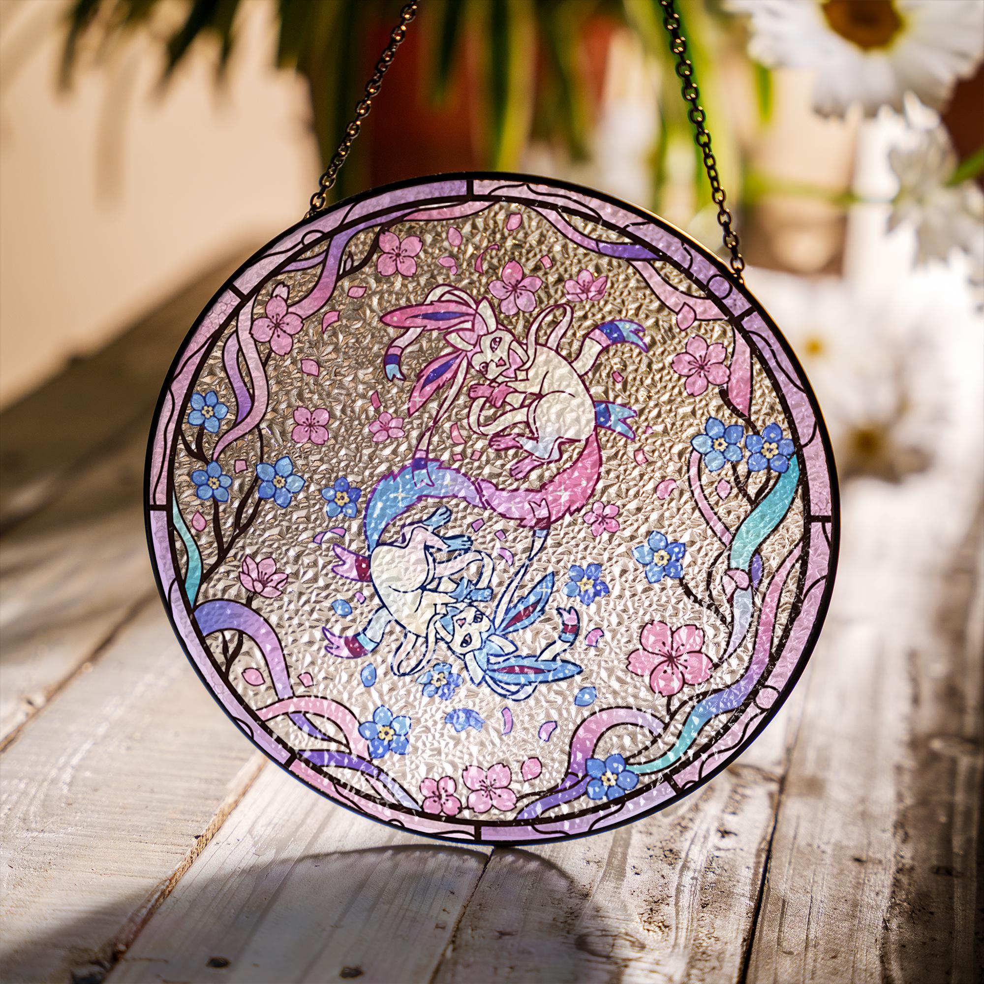 Sylveon Stained Glass Window Hanging, Cute Pokémon Decor, Cherry Blossom Gift for Anime Fans, Pokémon Gift For Home Decor