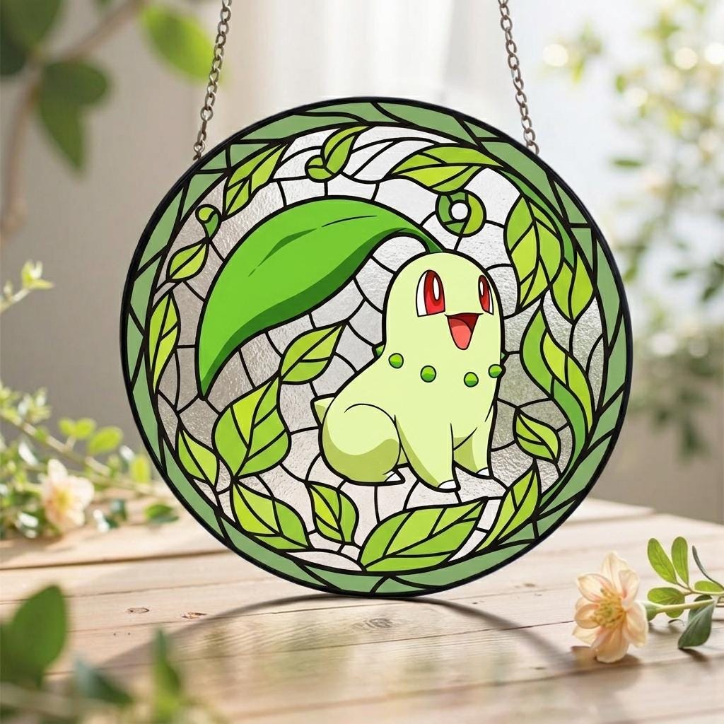 Chikorita Stained Glass Suncatcher, Green Plant Anime Window Hanging, Nature Room Decor, Gift for Pokemon Fan