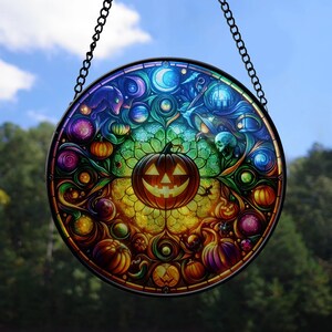 Jack-o’-Lantern Halloween Suncatcher, Pumpkin Window Hanging, Spooky Fall Decor, Halloween Ornament, Haunted Theme