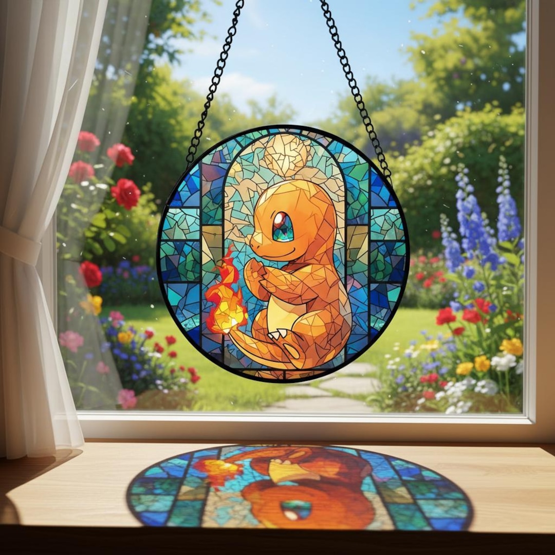 Handcraft Charmander Stained Glass Suncatcher, Fire Charmander Window ...