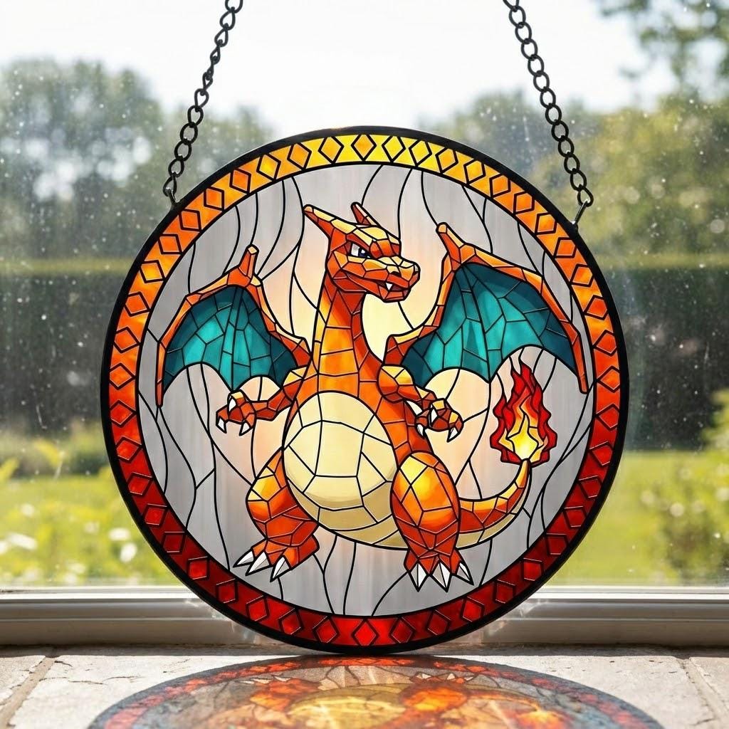 Charizard Pokémon Gen1 Glass Suncatcher, Handmade Pokémon Suncatcher For Fans, Fire Dragon Charizard Decor, Anime Pokemon Lover Gift