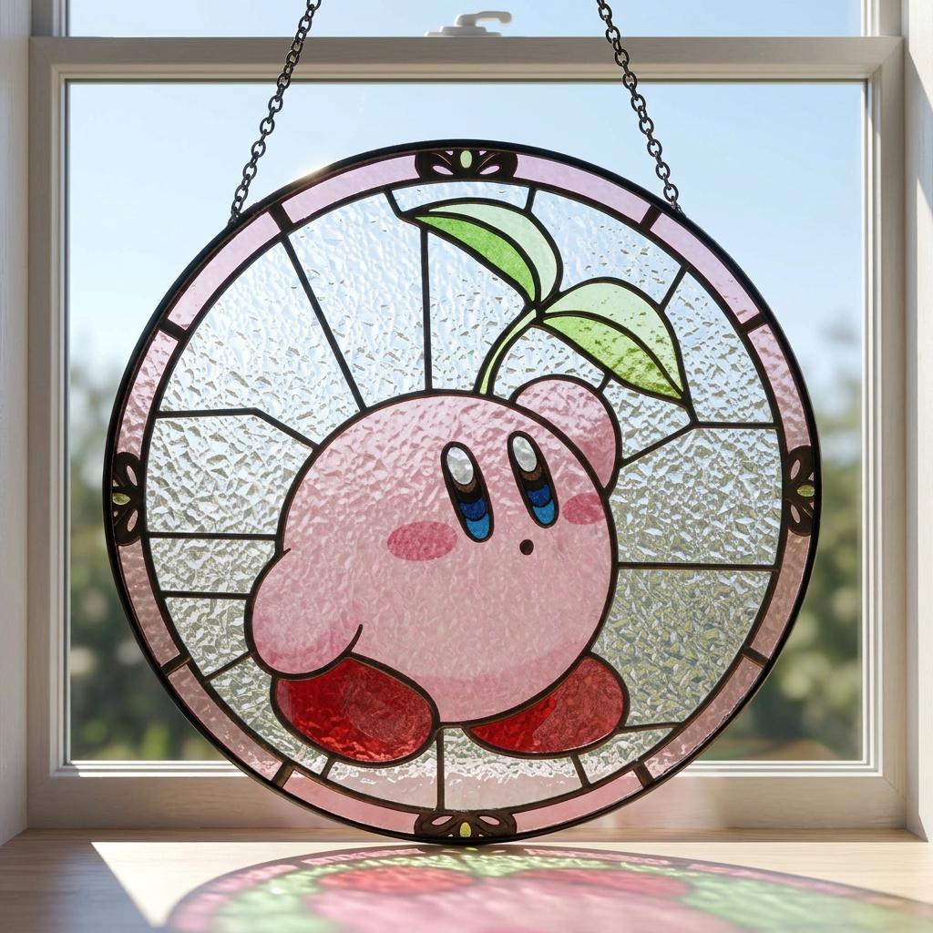 Handmade Kirby Stained Glass Suncatcher, Cute Room Decor, Gift For Gamer, Glass WinDow Hanging