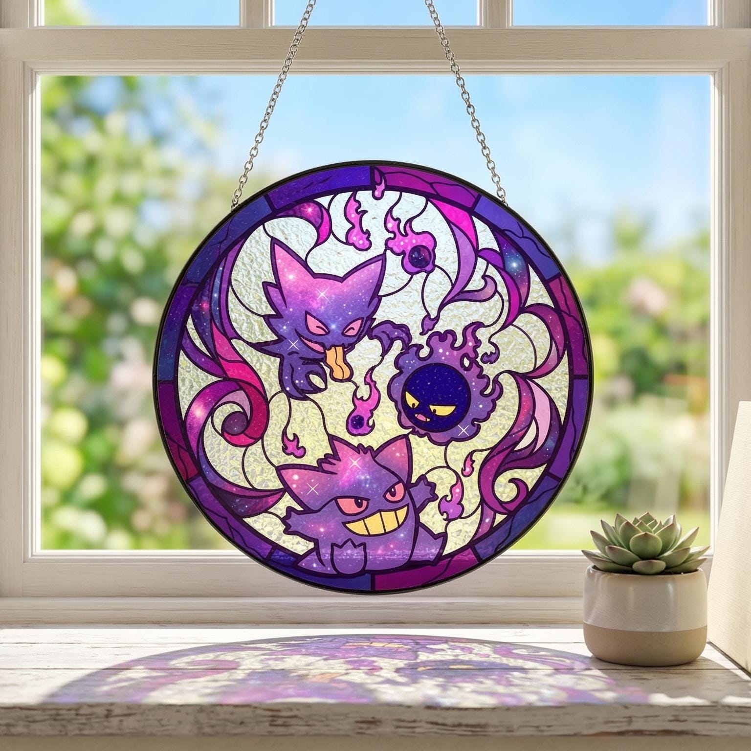 Gengar Haunter Gastly Stained Glass Suncatcher, Ghost Pokemon Window Hanging, Spooky Anime Gamer Room Decor, Pokemon Fan Gift