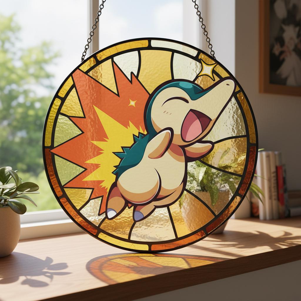Cyndaquil Stained Glass Suncatcher, Fire Starter Pokemon Window Hanging, Cute Anime Gamer Room Decor, Johto Fan Gift