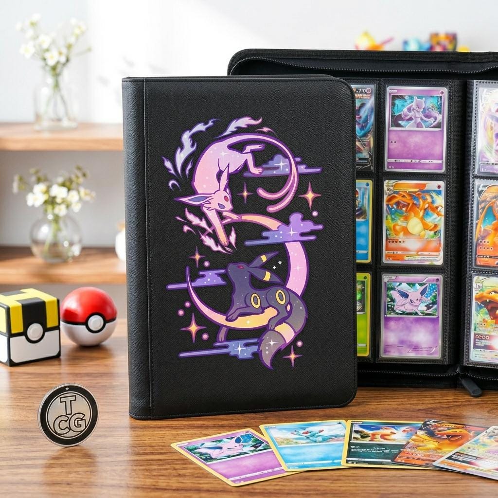 Espeon Umbreon Pokemon Binder, Eeveelution Trading Card Zipper Ringless Binder, Pokemon TCG Ringless Binder, Pokemon Fans Birthday Gift