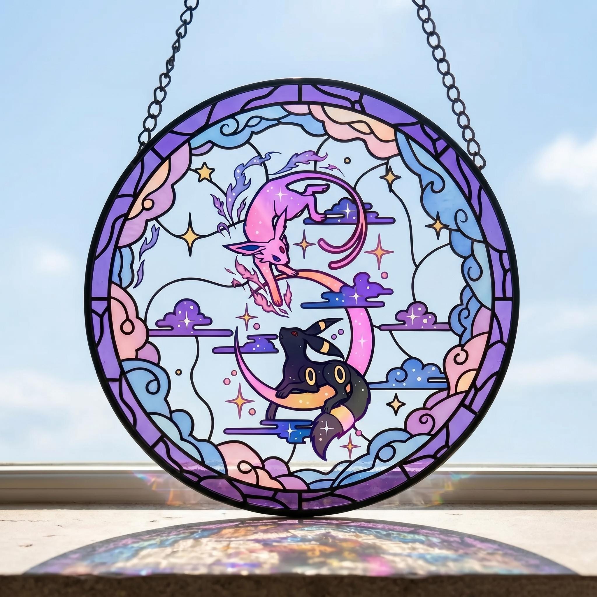 Espeon Umbreon Handcrafted Pokemon Glass Suncatcher, Moon & Star-Inspired Pokemon Window Art, Perfect Gift for Fans, Celestial Pokemon Decor