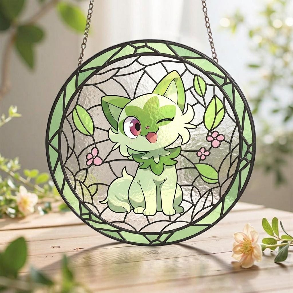 Sprigatito Stained Glass Suncatcher, Green Cat Anime Window Hanging, Cute Grass Cat Decor, Gift for Pokemon Lover