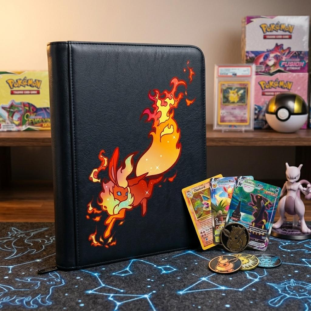 Flareon Pokemon Card Binder, TCG Trading Card Game Album, Fire Eeveelution Card Holder, Custom Leather Card Binder for Pokemon Cards