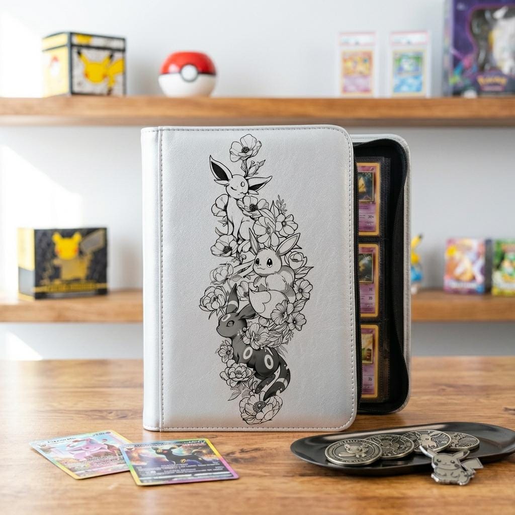 Pokemon Card Binder Eeveelution Floral Design, TCG Trading Card Game Album, Custom Leather Card Holder, Cute Eevee Collector Binder Gift