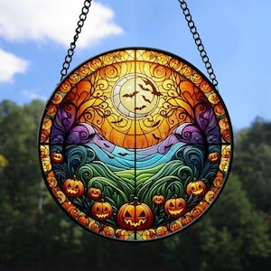 Halloween Sunset Stained Glass Suncatcher, Pumpkin Patch, Bats & Moon Window Hanging, Spooky Fall Decor, Autumn Themed Halloween Ornament