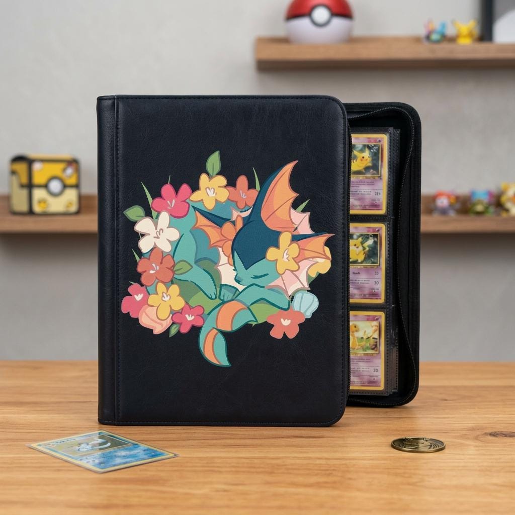 Vaporeon Pokemon Binder, Cute Eeveelution Pokémon Card Holder, Floral Anime Trading Card Album, Kawaii Collector Gift