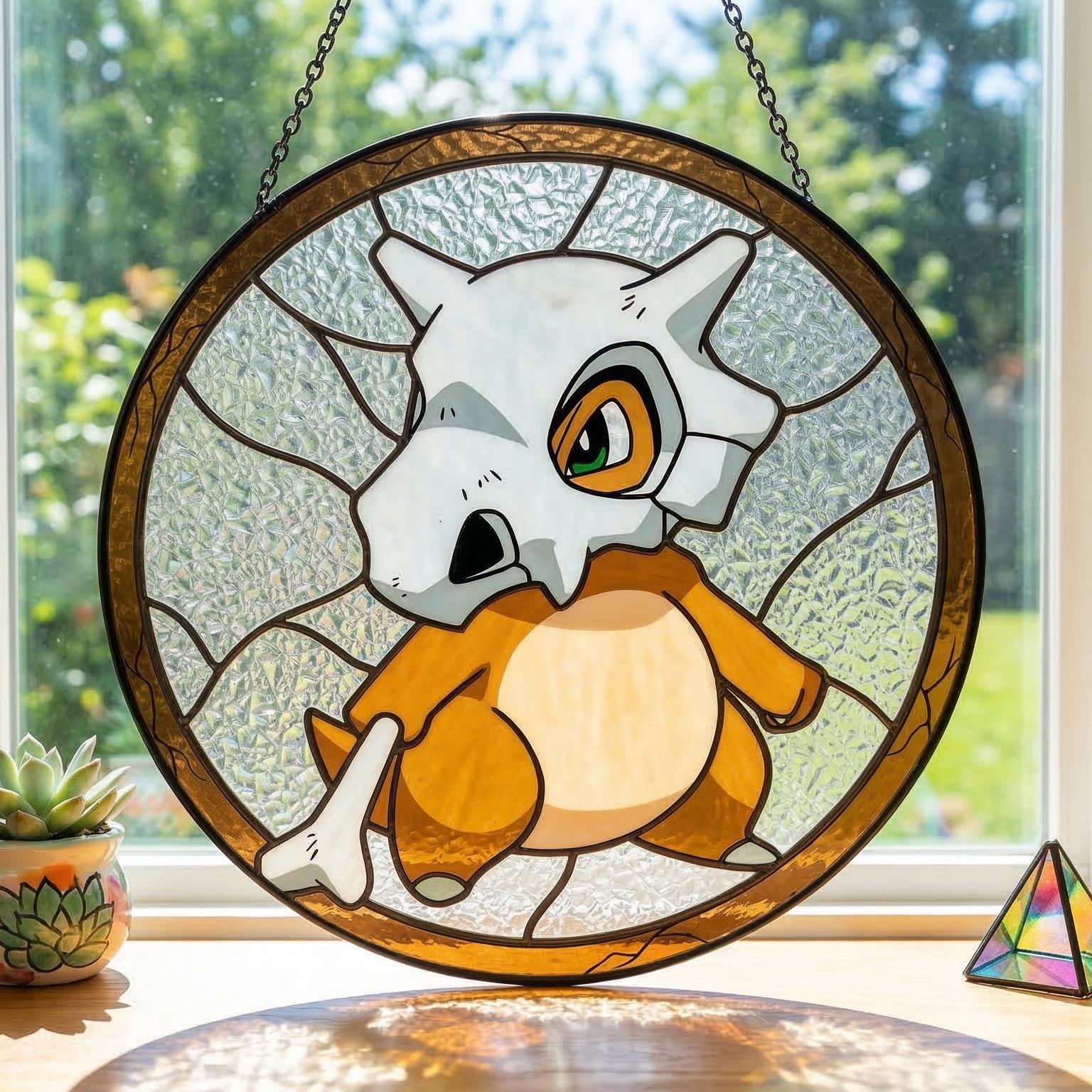 Cubone Stained Glass Suncatcher, Cute Skull Pokemon Window Hanging, Anime Gamer Room Decor, Pokemon Fan Gift