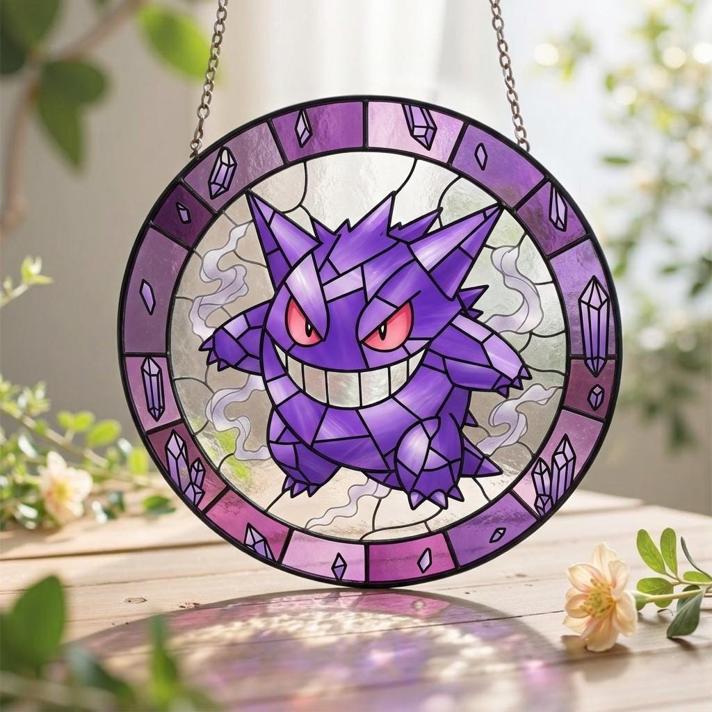 Gengar Handcrafted Pokemon Glass Suncatcher, Pokemon Window Art Hanging Decor, Pokemon Gift For Fans Collections, Pokemon Gift Idea