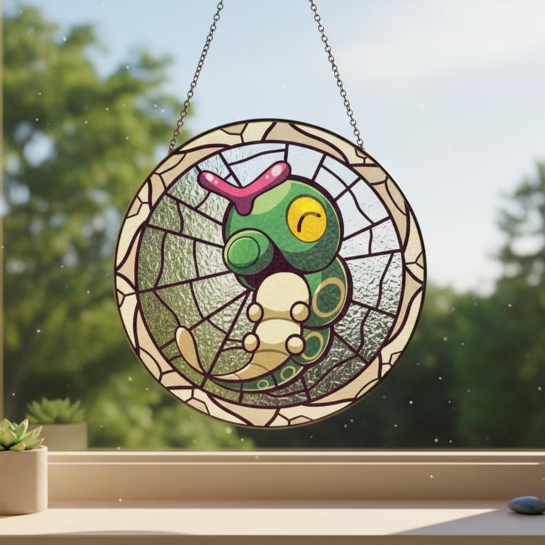 Caterpie Stained Glass Suncatcher, Cute Bug Pokemon Window Hanging, Anime Gamer Room Decor, Gen 1 Fan Gift