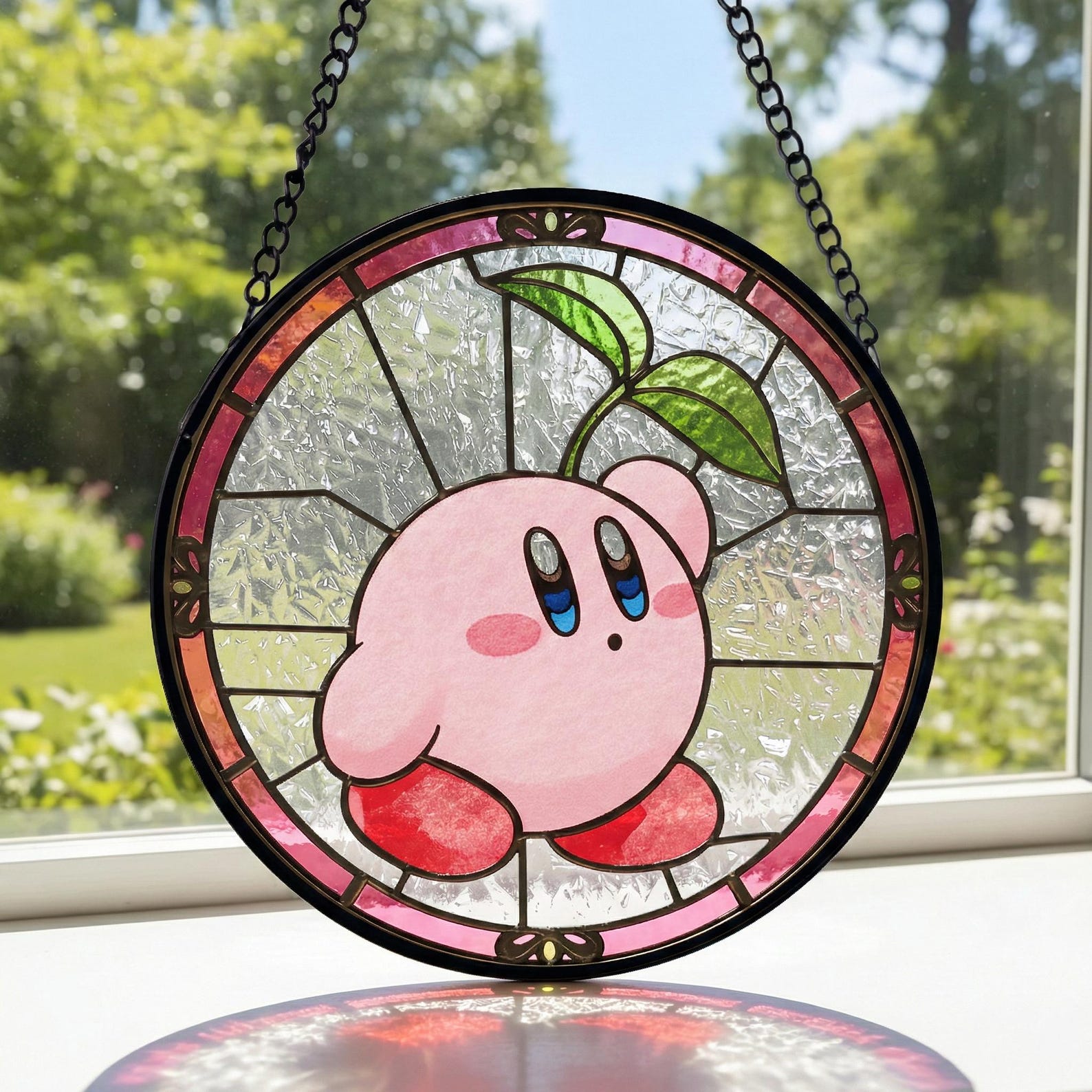Handmade Kirby Stained Glass Suncatcher, Cute Room Decor, Gift For Gamer, Glass WinDow Hanging - 4 inch