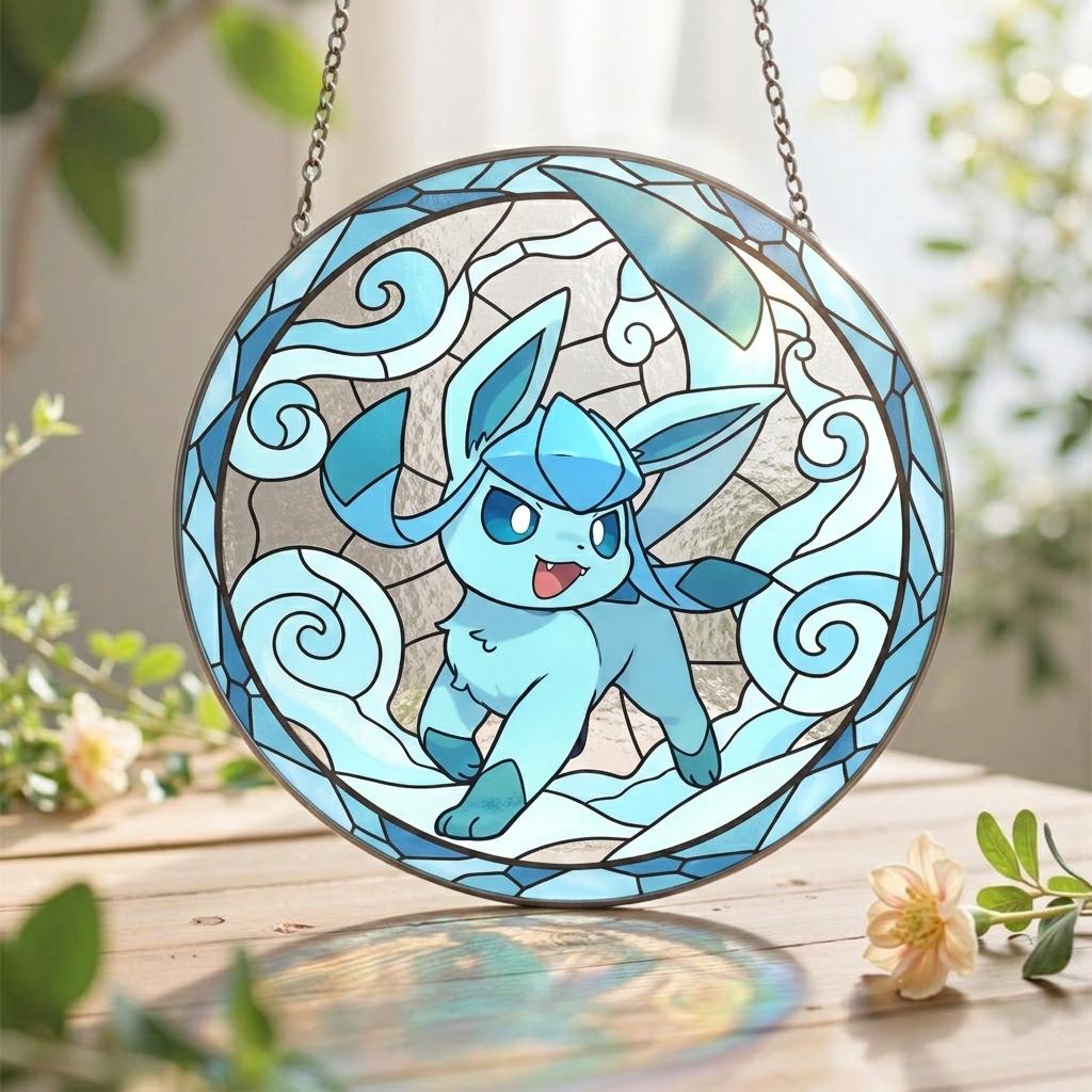 Glaceon Stained Glass Suncatcher, Ice Eeveelution Window Hanging, Pokemon Crystal Art Decor, Anime Fan Gift