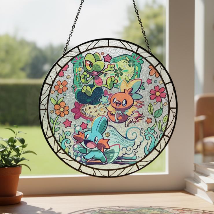Treecko Torchic Mudkip Stained Glass Suncatcher, Hoenn Starter Pokemon Window Hanging, Cute Anime Decor, Gamer Room Gift