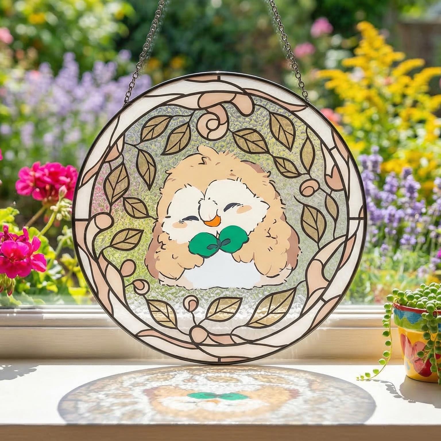Rowlet Pokemon Suncatcher, Cute Owl Stained Glass Window Hanging, Nature Leaf Sun Catcher, Cozy Room Decor Gift