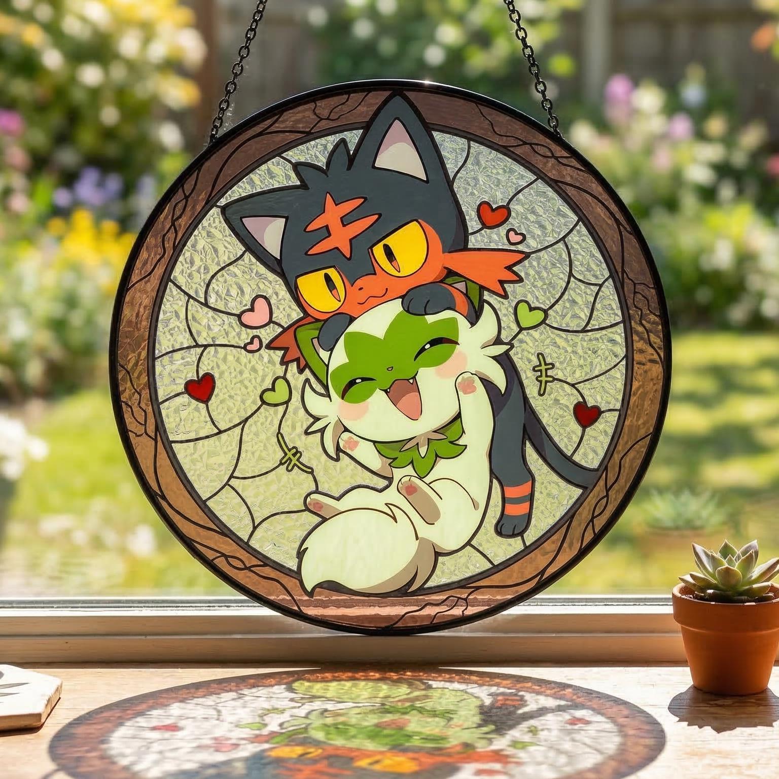 Litten Sprigatito Stained Glass Suncatcher, Cute Cat Pokemon Window Hanging, Anime Gamer Room Decor, Pokemon Fan Gift
