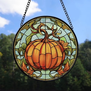 Autumn Pumpkin Suncatcher – Stained Glass Fall Decor for Windows, Halloween Sun Catcher Ornament, Cozy Harvest Window Hanging