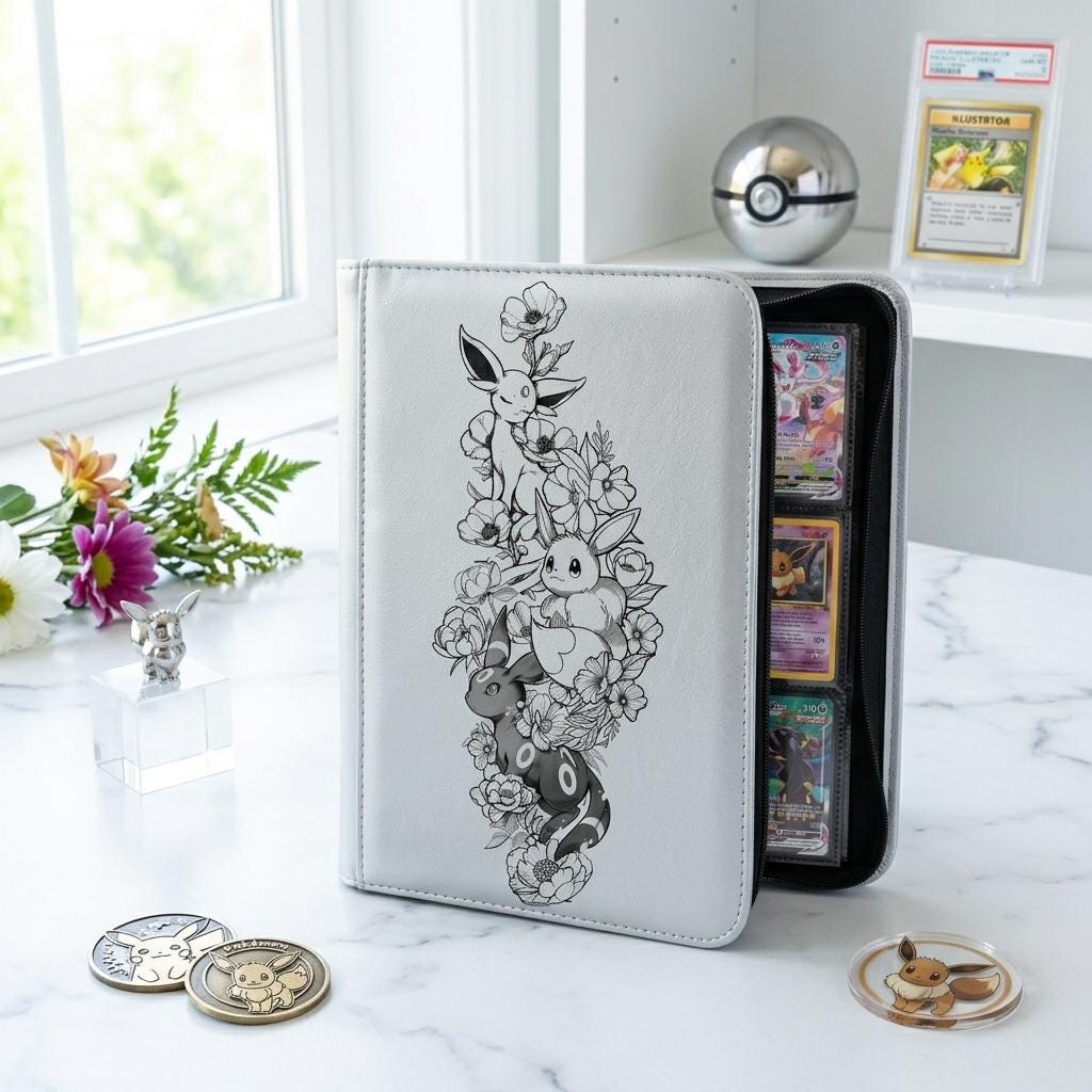 Pokemon Card Binder Eeveelution Floral Design, TCG Trading Card Game Album, Custom Leather Card Holder, Cute Eevee Collector Binder Gift