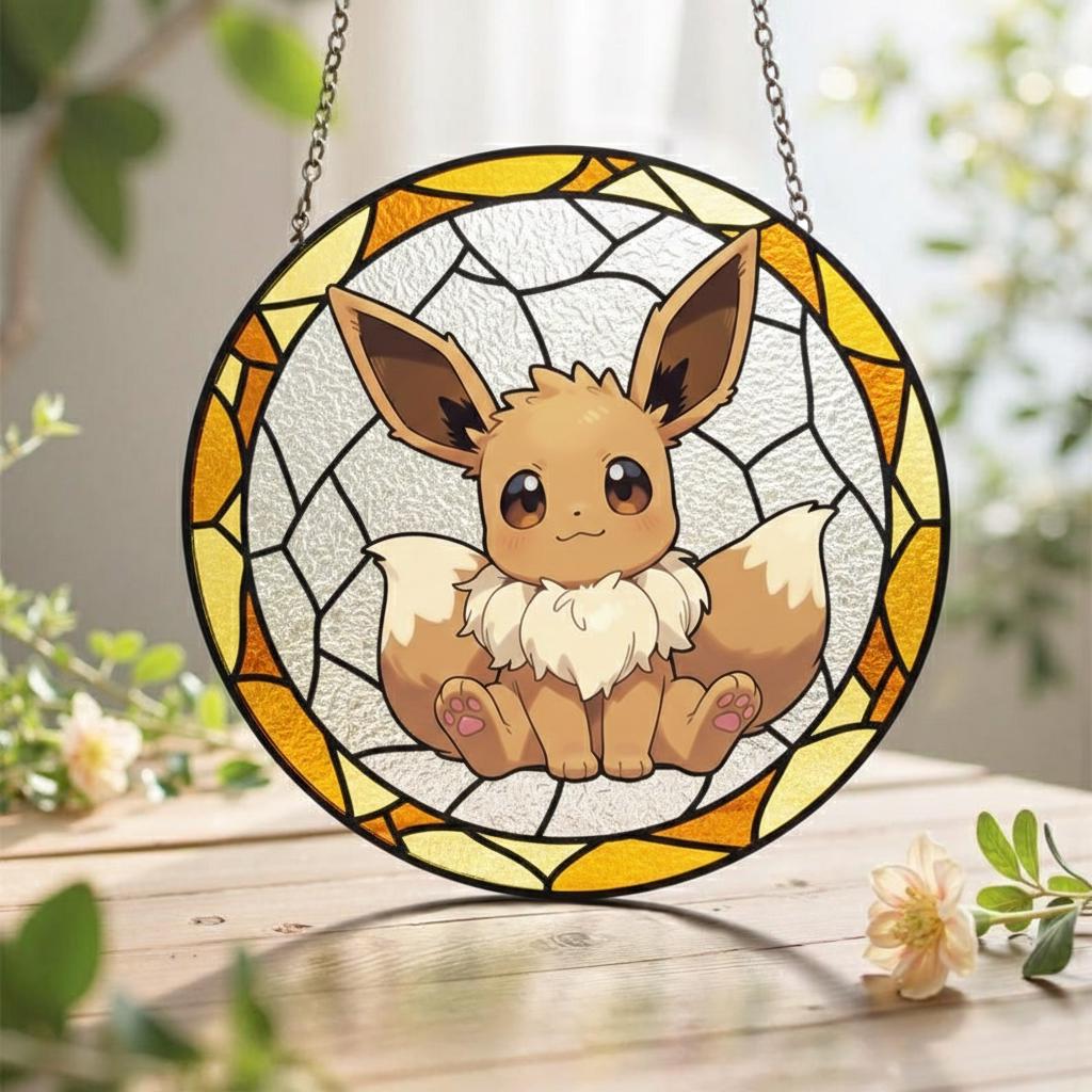 Eevee Stained Glass Suncatcher, Cute Gen 1 Pokemon Window Hanging, Kawaii Anime Room Decor, Gamer Gift
