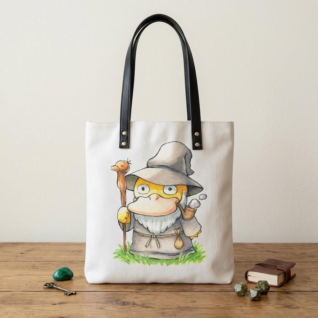 Pokemon Psyduck Wizard Leather Tote Bag, Funny Anime Shoulder Bag, Cute Gamer Purse, Fantasy RPG Pokemon Gift, Kawaii Duck Tote