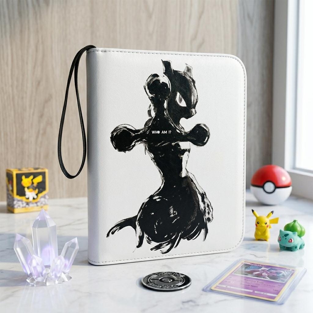 Mewtwo Pokemon Card Binder, Dark Ink TCG Trading Card Game Album, Minimal Anime Card Holder Zipper Binder Gift
