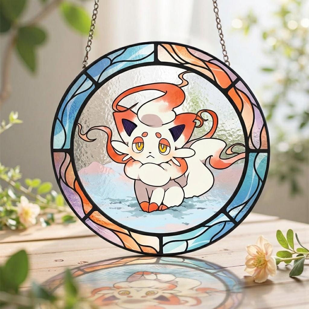 Zorua Stained Glass Suncatcher, Cute Dark Fox Pokemon Window Hanging, Anime Gamer Room Decor, Gen 5 Fan Gift