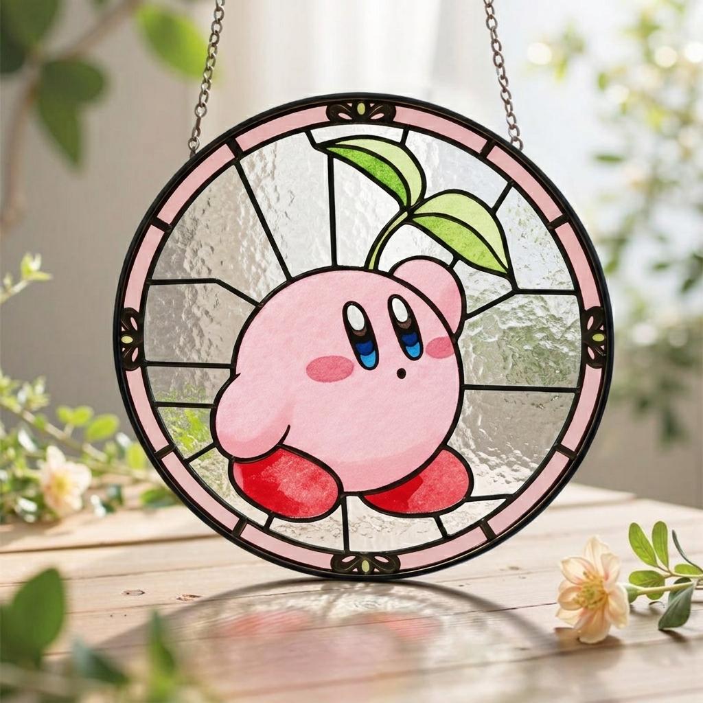 Kirby Stained Glass Suncatcher, Kawaii Gamer Decor