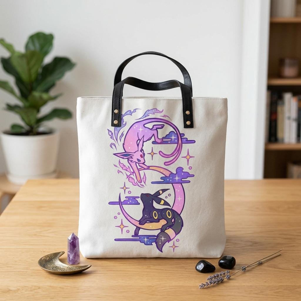 Pokemon Umbreon Espeon Leather Tote Bag, Eeveelution Anime Purse, Kawaii Gamer Shoulder Bag, Moon Psychic Pokemon Gift