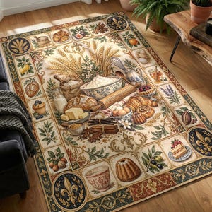 May include: A rectangular area rug featuring a central illustration of baking ingredients including wheat, flour, eggs, and a rolling pin. The border contains decorative panels with images of pastries, fruits, and fleur-de-lis motifs in warm tones.