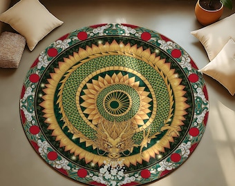 ゴールデンドラゴンマンダララグ：オリエンタルひまわりラウンド