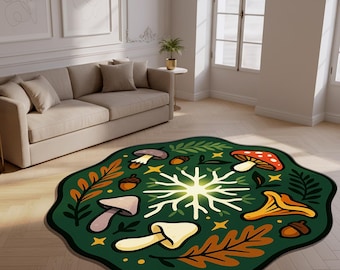 Mushroom Forest Round Rug, Enchanted Woodland Design