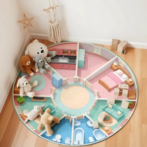 May include: A colorful, circular play mat designed as a dollhouse with various rooms, including a kitchen, bedroom, and bathroom. The mat features pastel colors and is surrounded by plush toys. The mat is placed on a wooden floor.