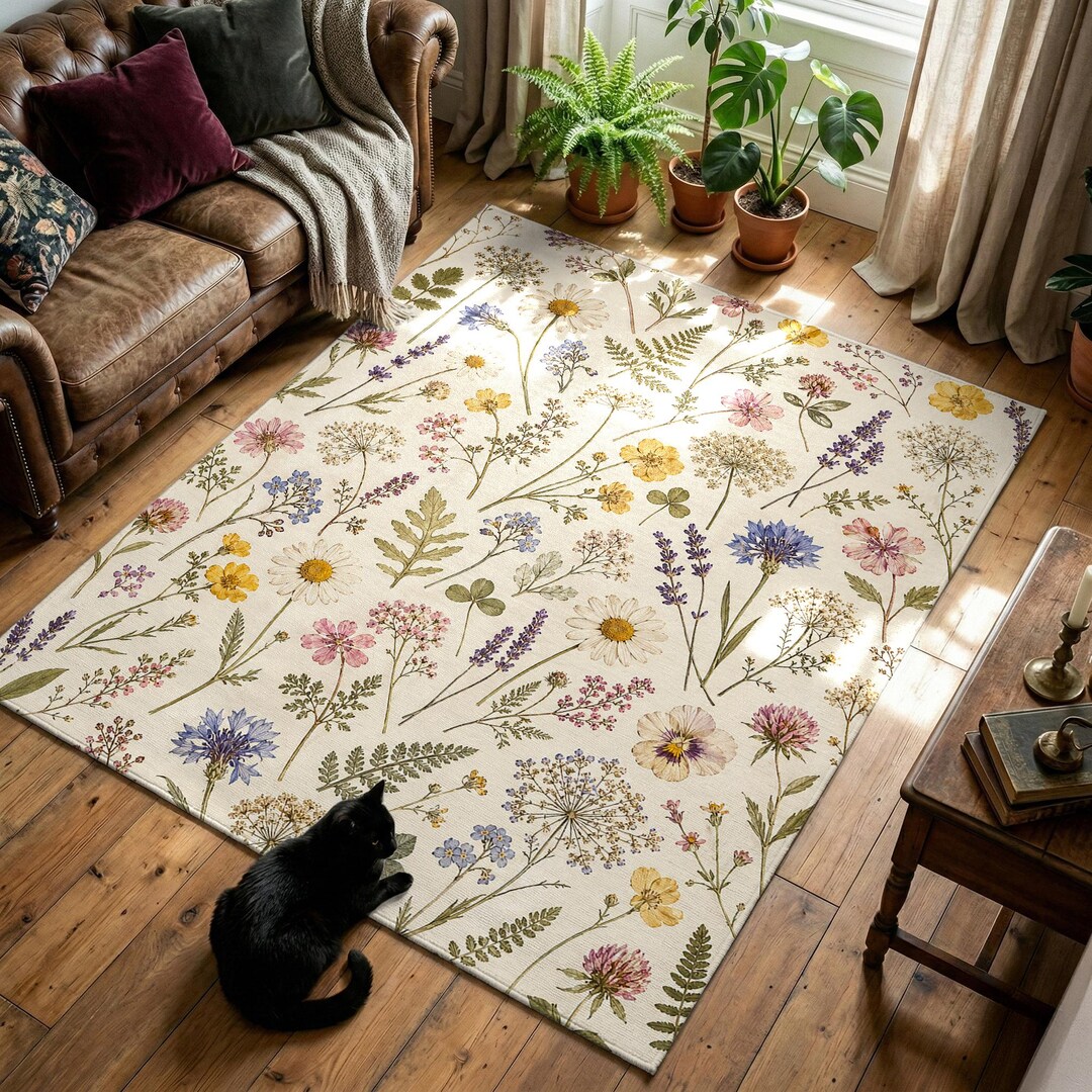 Cottagecore Wildflower Meadow Rug - Pressed Flower Print Area Rug ...