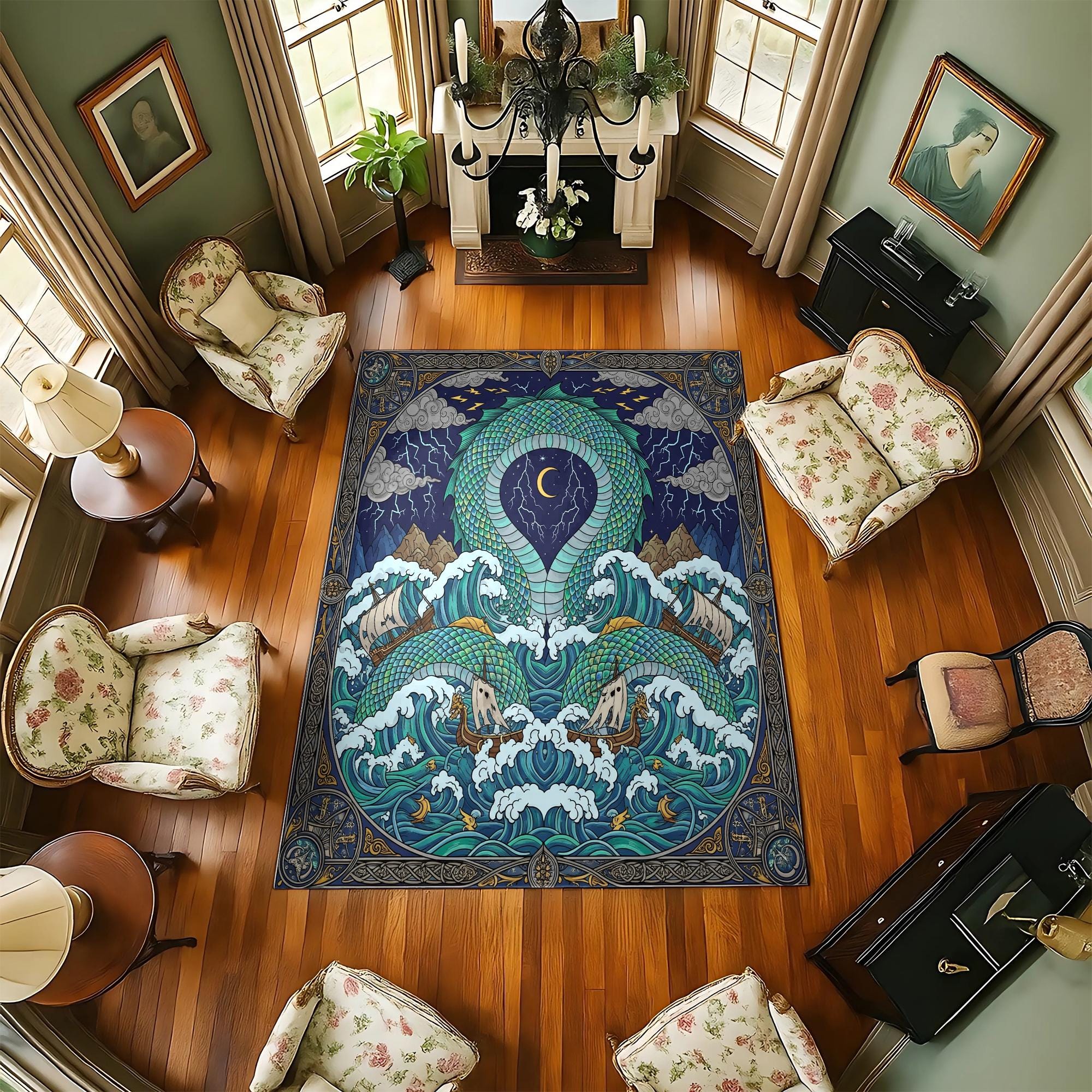 シーサーペント航海用ラグ：ファンタジーな海の船、波、そして天空の嵐