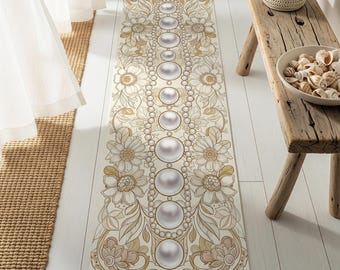 Golden Floral Rug, Pearl Runner, Kitchen Beige Carpet, Boho Chic Hallway Mat