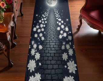 Vloerkleed Moonlight: hemelse witte bloemen, fantasie gangdecor