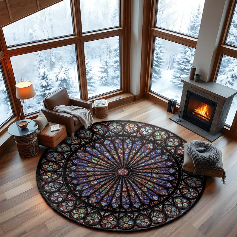 K&ouml;nnte beinhalten: Ein runder Teppich mit einem Buntglasfenster-Design. Der Teppich hat einen schwarzen Rand und ein zentrales Muster aus farbenfrohen geometrischen Formen in Blau-, Rot-, Gr&uuml;n- und Gelbt&ouml;nen. Der Teppich befindet sich in einem Raum mit Kamin und gro&szlig;en Fenstern.