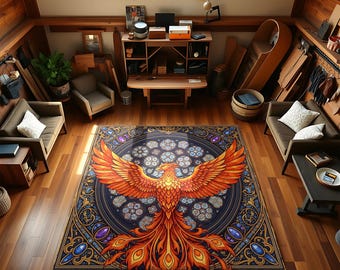 Phoenix Fire Bird-tapijt: gotisch glas-in-lood fantasie woondecoratie