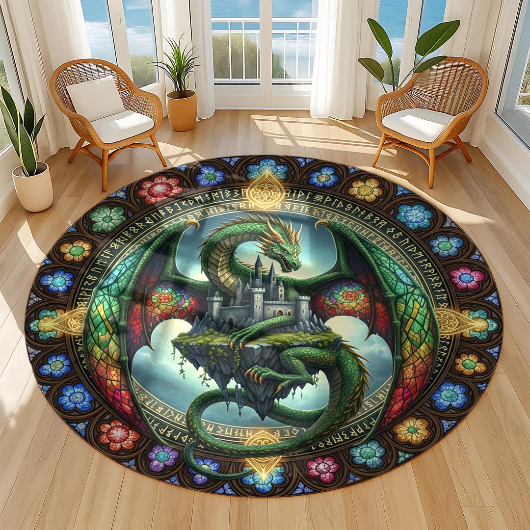 Knight Castle Rug Dragon Castle Round Rug – Stained Glass Fantasy Medieval Decor - Etsy