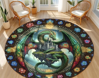 Alfombra redonda Castillo del Dragón – Decoración medieval de fantasía con vidrieras