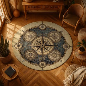 Peut inclure: Tapis rond avec un motif de boussole nautique dans les tons de bleu, beige et marron. Le tapis présente une grande rose des vents centrale et plusieurs petites boussoles. Il est posé sur un parquet.